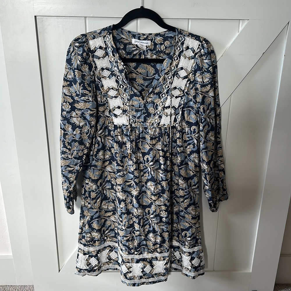 Lucky Brand Floral Patterned Dress with Lace/ embroidered Accents